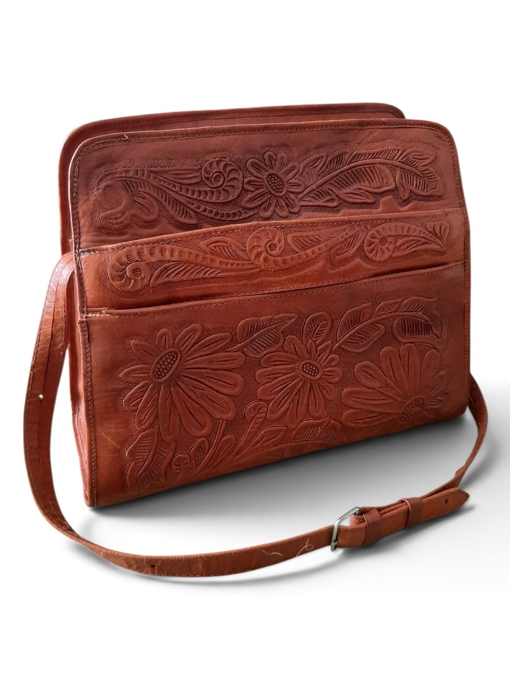 Hand-Tooled Floral Leather Shoulder Bag in Cognac Brown